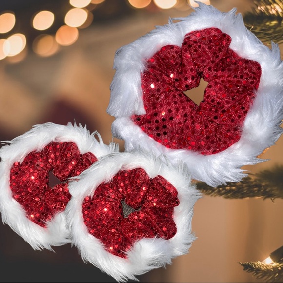 Santa Fur Sequence Scrunchie, Hair Accessory |Handmade Gift, Hair Tie, Stocking - Picture 9 of 13